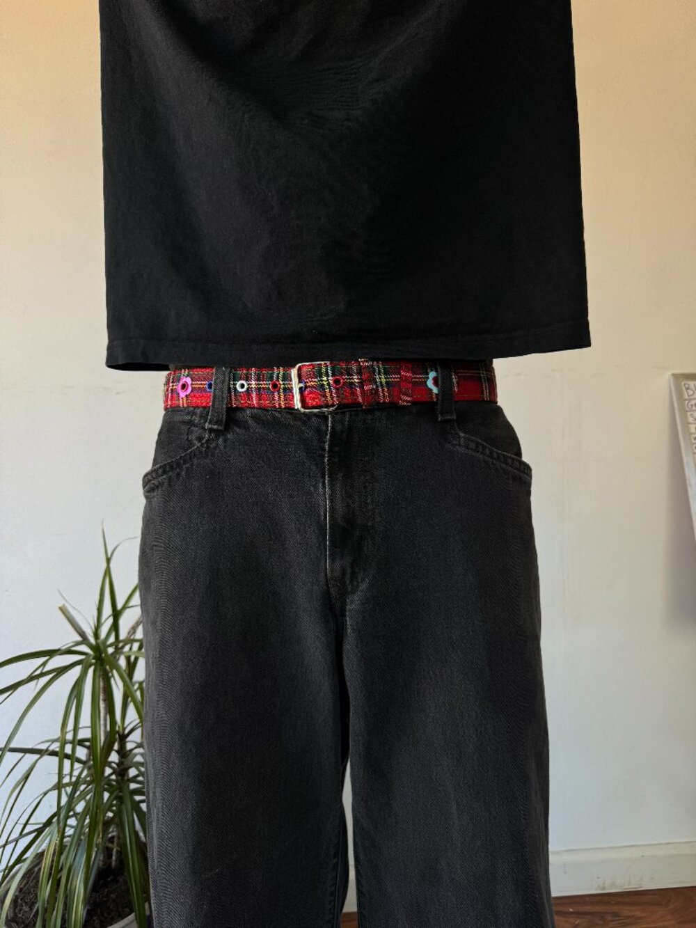 Red Plaid Floral Embroidered Eyelet Belt